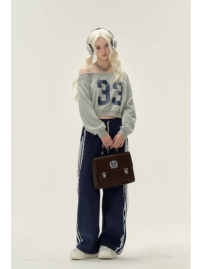 Natural college style lace design sweatpants for women in fall and winter, versatile casual straight straight floor-length pants