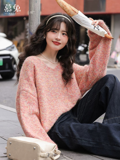 MuTu Lazy Style V-neck Long-sleeved Pullover Sweater for Women, 2025 Winter New Style, Petite, Loose and Soft Knitwear