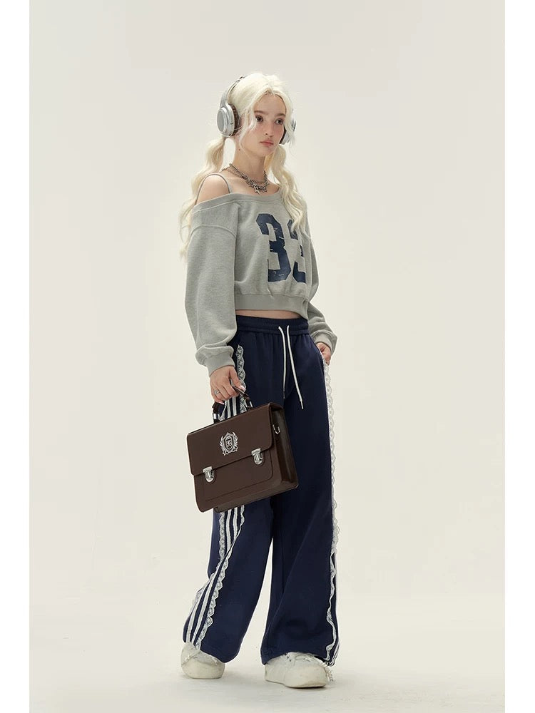 Natural college style lace design sweatpants for women in fall and winter, versatile casual straight straight floor-length pants