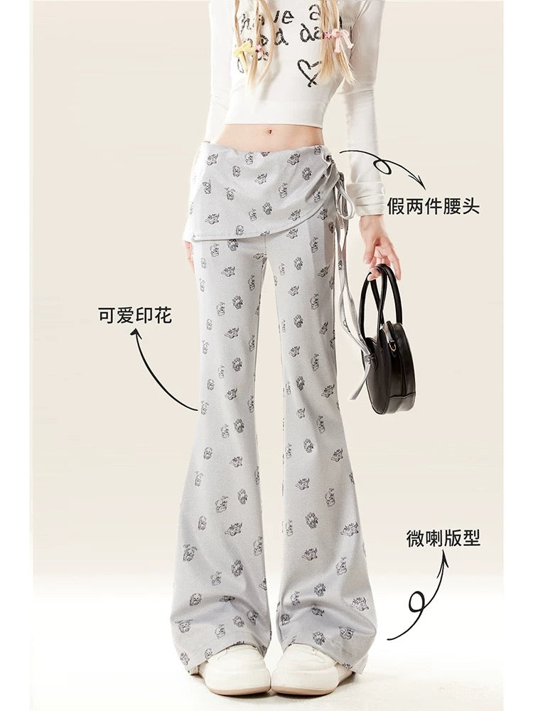 Natural astringent gray fake two-piece printed micro-flare pants for women in autumn and winter new slim casual design niche pants