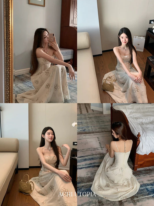 ACHI Daiya Heavy Industries Georgette Beaded Embroidered Spaghetti Strap Dress for Women, White with Padded Bra and Slim Waist Dress