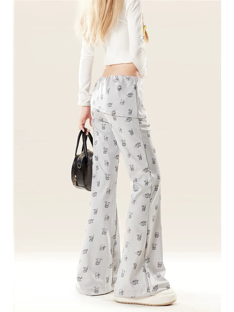 Natural astringent gray fake two-piece printed micro-flare pants for women in autumn and winter new slim casual design niche pants