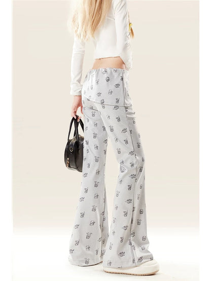 Natural astringent gray fake two-piece printed micro-flare pants for women in autumn and winter new slim casual design niche pants