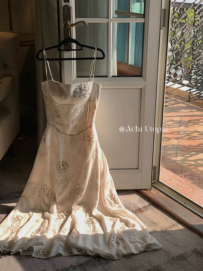 ACHI Daiya Heavy Industries Georgette Beaded Embroidered Spaghetti Strap Dress for Women, White with Padded Bra and Slim Waist Dress