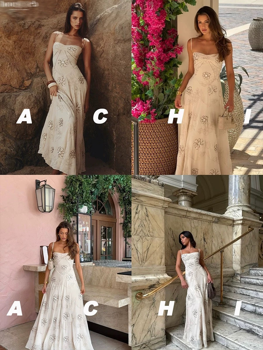ACHI Daiya Heavy Industries Georgette Beaded Embroidered Spaghetti Strap Dress for Women, White with Padded Bra and Slim Waist Dress