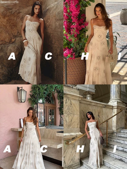 ACHI Daiya Heavy Industries Georgette Beaded Embroidered Spaghetti Strap Dress for Women, White with Padded Bra and Slim Waist Dress