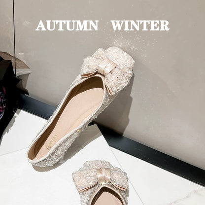 French square-toed shoes for women with shallow mouths 2025 new summer shoes with elegant rhinestone bows and flat-soled elegant scoop shoes