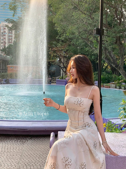 ACHI Daiya Heavy Industries Georgette Beaded Embroidered Spaghetti Strap Dress for Women, White with Padded Bra and Slim Waist Dress