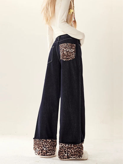 Natural leopard print splicing wide-leg jeans for women in autumn and winter new style small and large size fat mm slimming straight pants