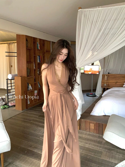 ACHI Da Ye Chi Tencel Wool Halter V-Neck Dress for Women, Sleeveless, Tie-Waist Fitted Long Dress with Lace Trim