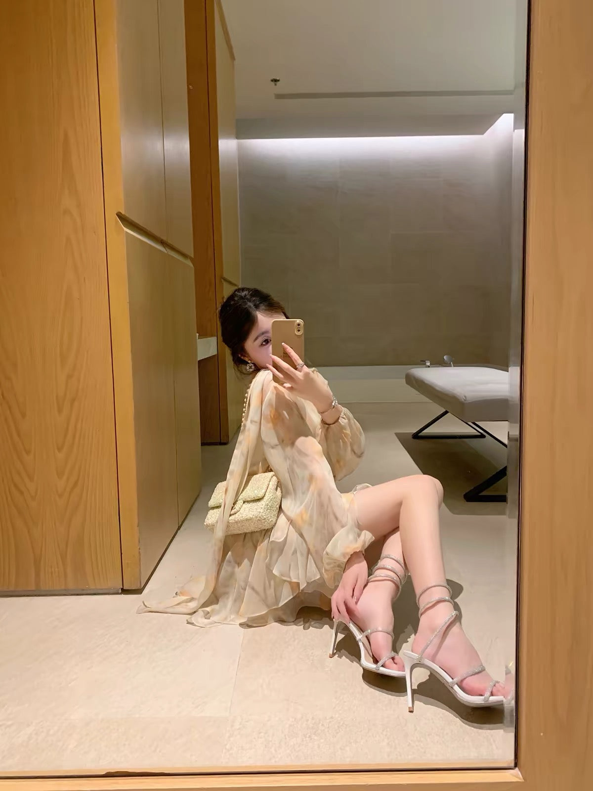 ByYou Autumn Two-Piece Set: Yellow Floral Chiffon Dress with Long Puff Sleeves and V-Neck, Featuring a Waist-Cinching Design and Ethereal Short Skirt