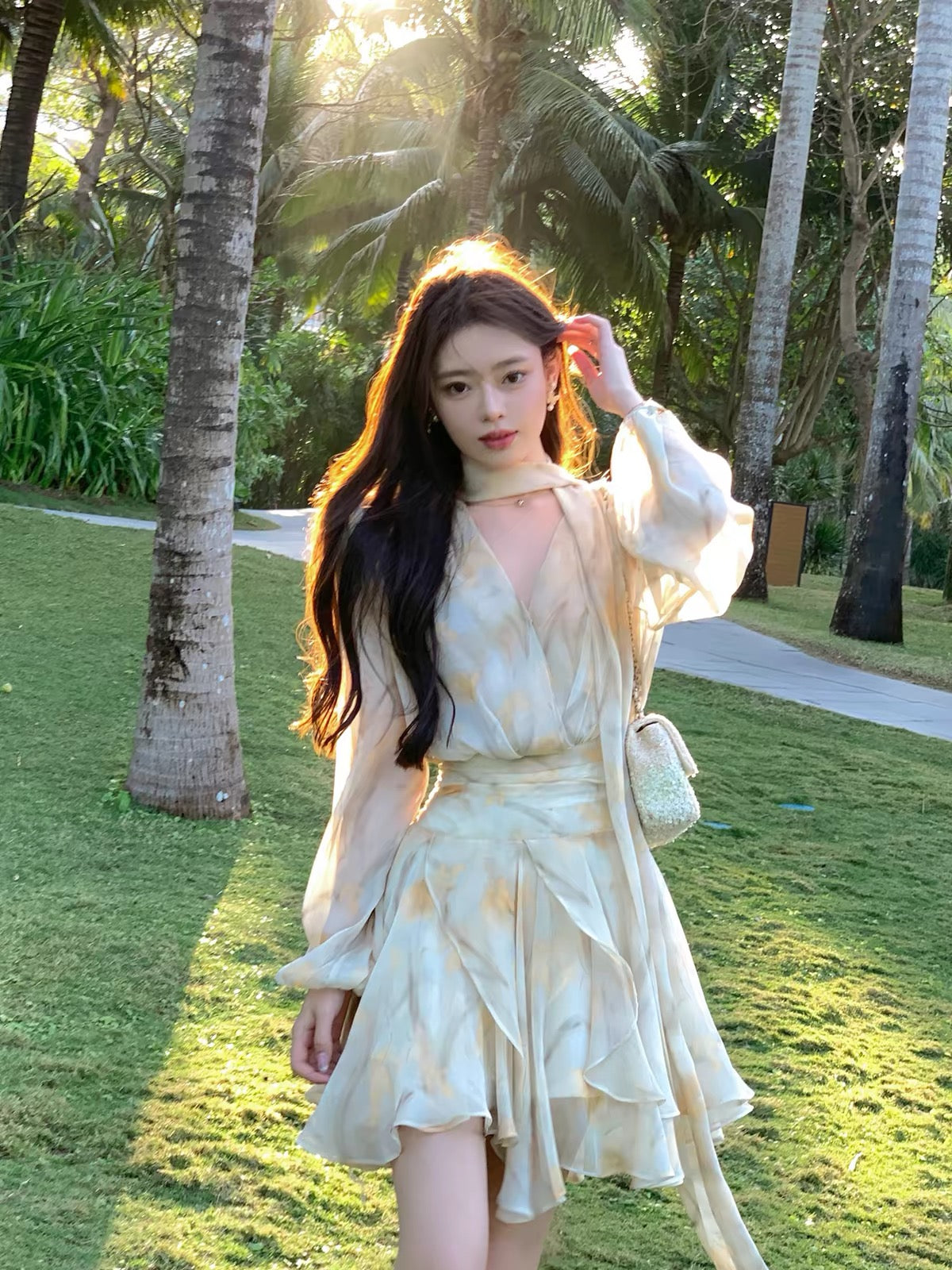 ByYou Autumn Two-Piece Set: Yellow Floral Chiffon Dress with Long Puff Sleeves and V-Neck, Featuring a Waist-Cinching Design and Ethereal Short Skirt