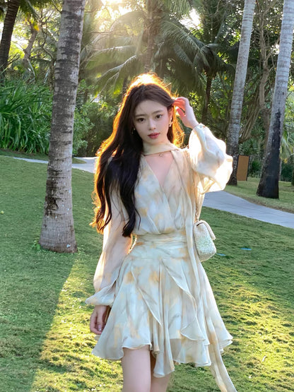 ByYou Autumn Two-Piece Set: Yellow Floral Chiffon Dress with Long Puff Sleeves and V-Neck, Featuring a Waist-Cinching Design and Ethereal Short Skirt
