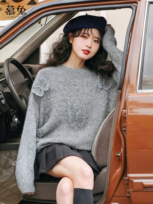 MuTu Gentle Style 3D Butterfly Sweater for Women, 2025 Winter New Style, Petite, Loose and Lazy Knit Top