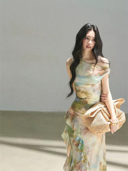 AOMALM "Daisies and Poppies" French-style off-shoulder oil painting print dress – women's summer lace bodycon maxi dress.