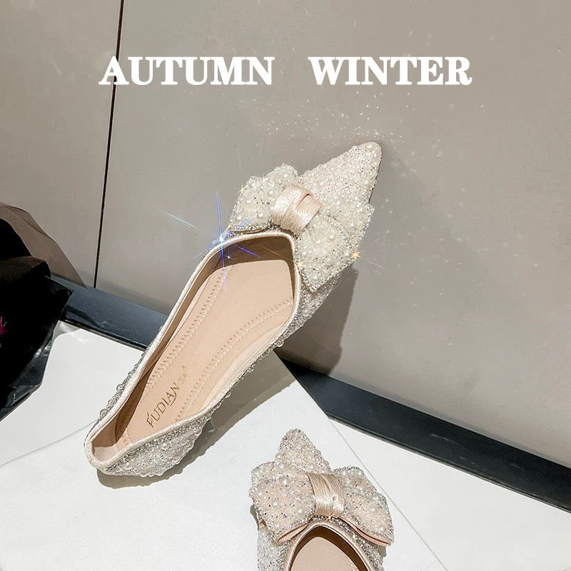French square-toed shoes for women with shallow mouths 2025 new summer shoes with elegant rhinestone bows and flat-soled elegant scoop shoes