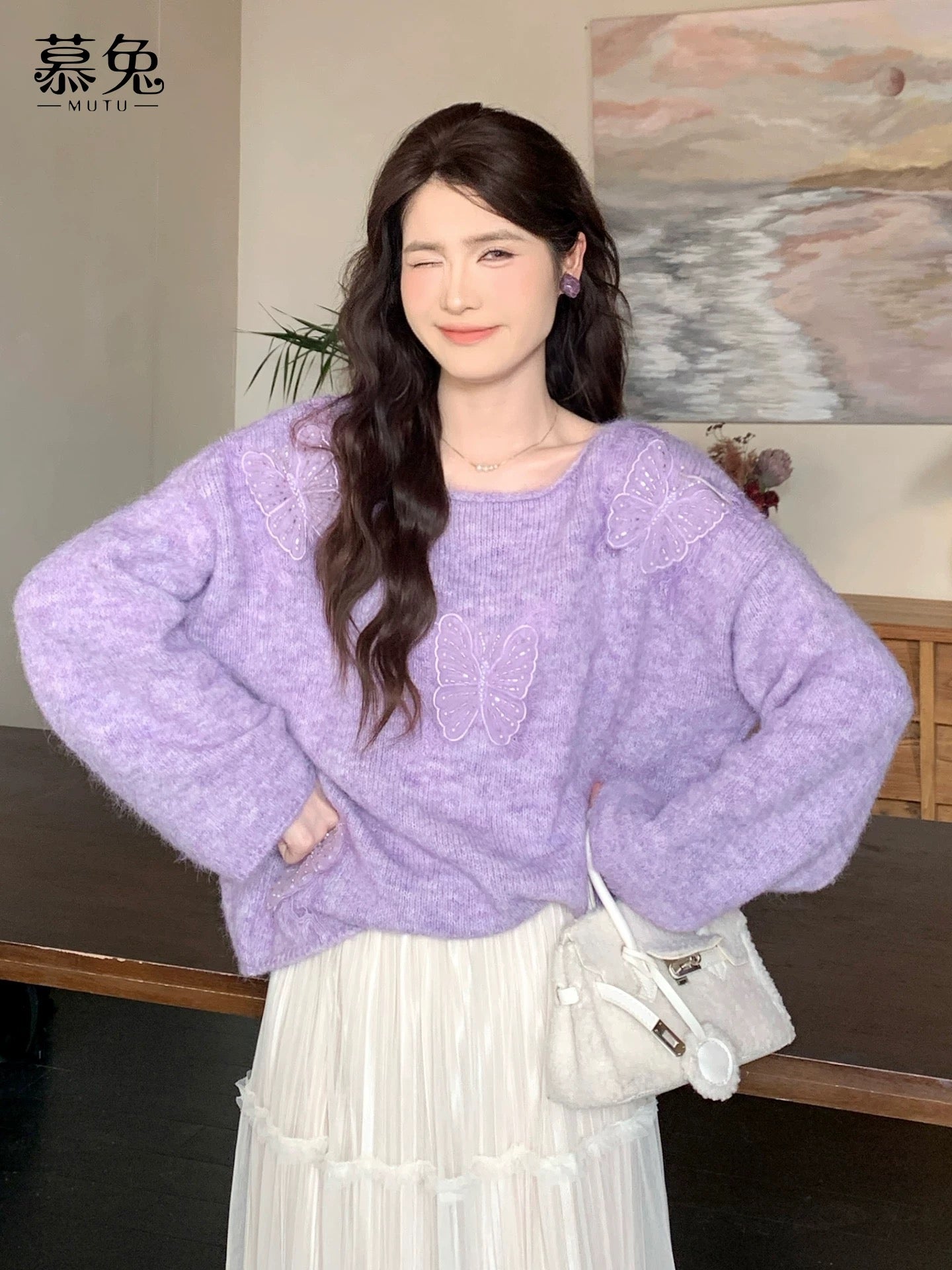 MuTu Gentle Style 3D Butterfly Sweater for Women, 2025 Winter New Style, Petite, Loose and Lazy Knit Top