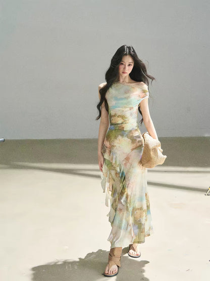 AOMALM "Daisies and Poppies" French-style off-shoulder oil painting print dress – women's summer lace bodycon maxi dress.