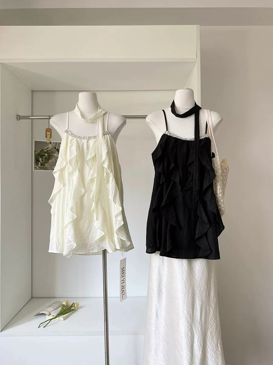 French-style ruffled camisole for women, 2025 summer new style, retro design, chic and fashionable outerwear.
