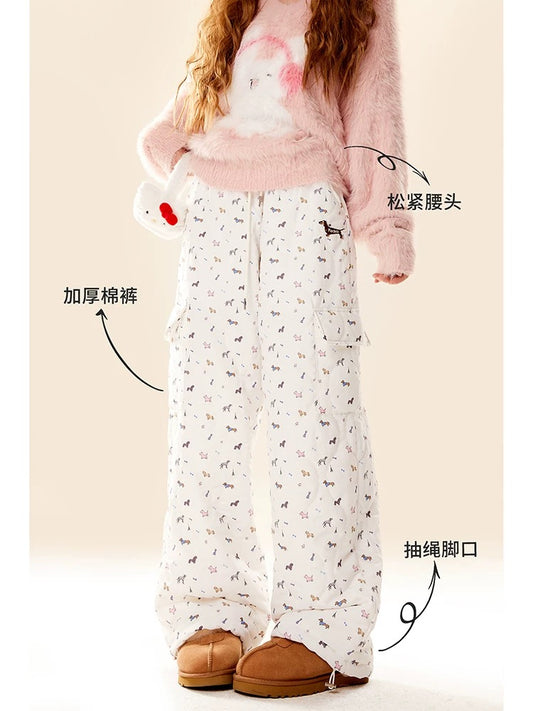 Natural and sweet cartoon puppy print casual pants for women 2024 new autumn and winter plus velvet American retro overalls