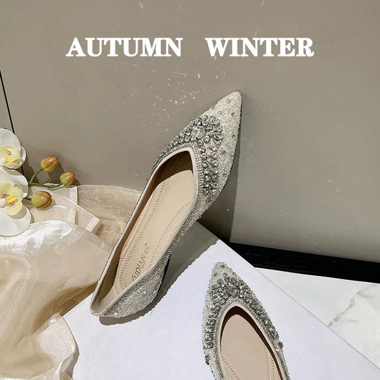2025 new summer shoes pointed temperament scoop shoes evening style diamond wedding shoes shallow mouth flat bottom slip-on shoes summer