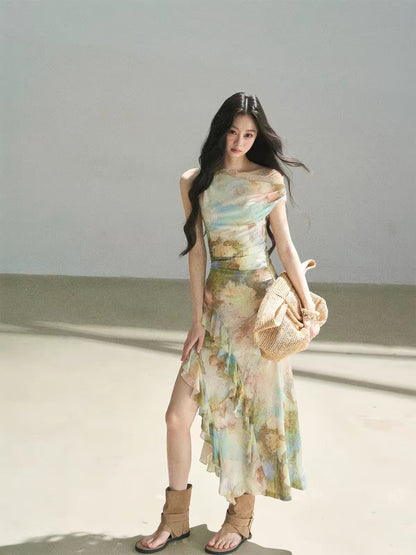 AOMALM "Daisies and Poppies" French-style off-shoulder oil painting print dress – women's summer lace bodycon maxi dress.