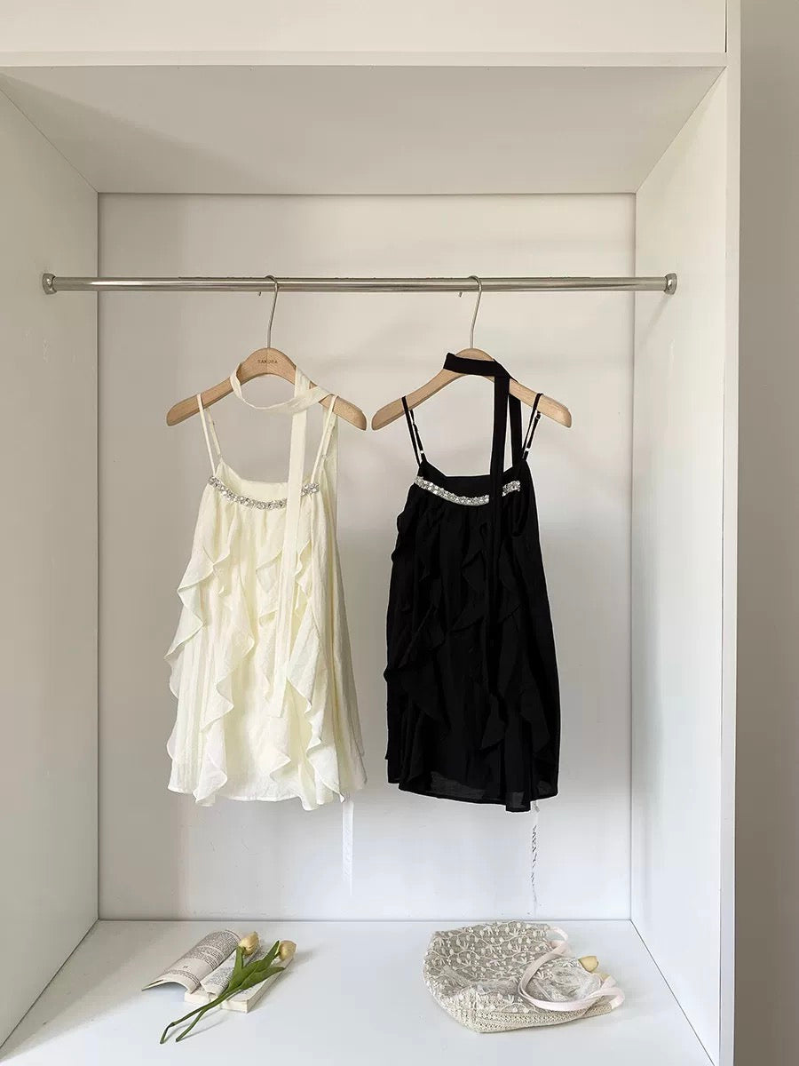 French-style ruffled camisole for women, 2025 summer new style, retro design, chic and fashionable outerwear.