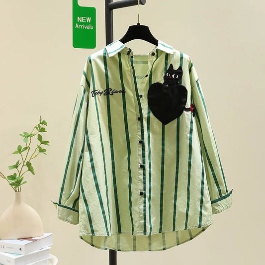 Designed embroidered letters green striped shirt for women 2024 early autumn new loose slim shirt age-reducing top