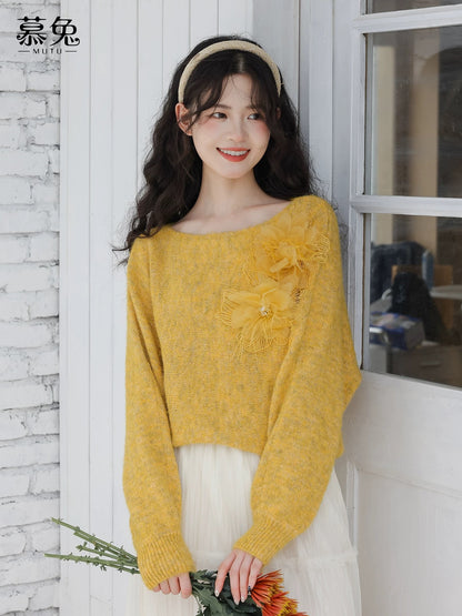 MuTu elegant purple 3D floral long-sleeved sweater for women, 2025 winter new style, chic loose fit, slimming knit top.