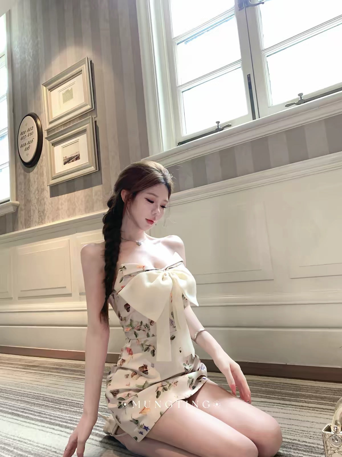 CHAN Chen Mengting "Girlish Heart" — French-style socialite satin floral strapless bow-detail waist-cinching dress