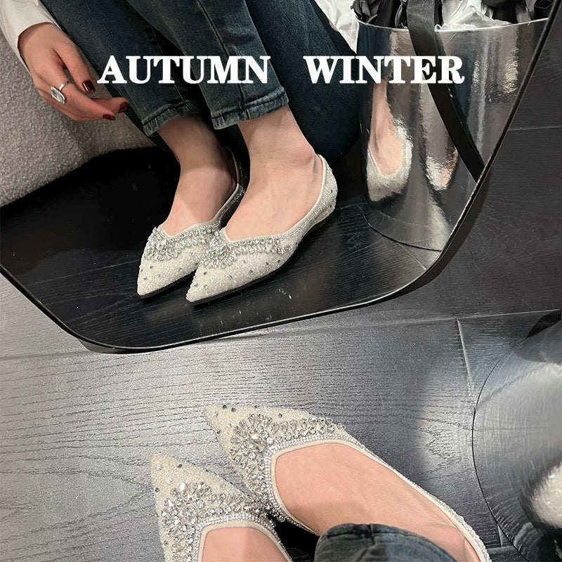 2025 new summer shoes pointed temperament scoop shoes evening style diamond wedding shoes shallow mouth flat bottom slip-on shoes summer