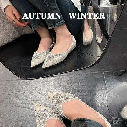 2025 new summer shoes pointed temperament scoop shoes evening style diamond wedding shoes shallow mouth flat bottom slip-on shoes summer