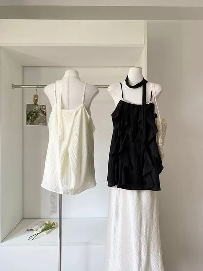 French-style ruffled camisole for women, 2025 summer new style, retro design, chic and fashionable outerwear.