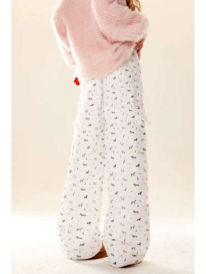 Natural and sweet cartoon puppy print casual pants for women 2024 new autumn and winter plus velvet American retro overalls
