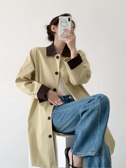 YAHI Khaki Retro Contrast Color Mid-Length Windbreaker Jacket Women 2025 Autumn Design Lapel Jacket Coat