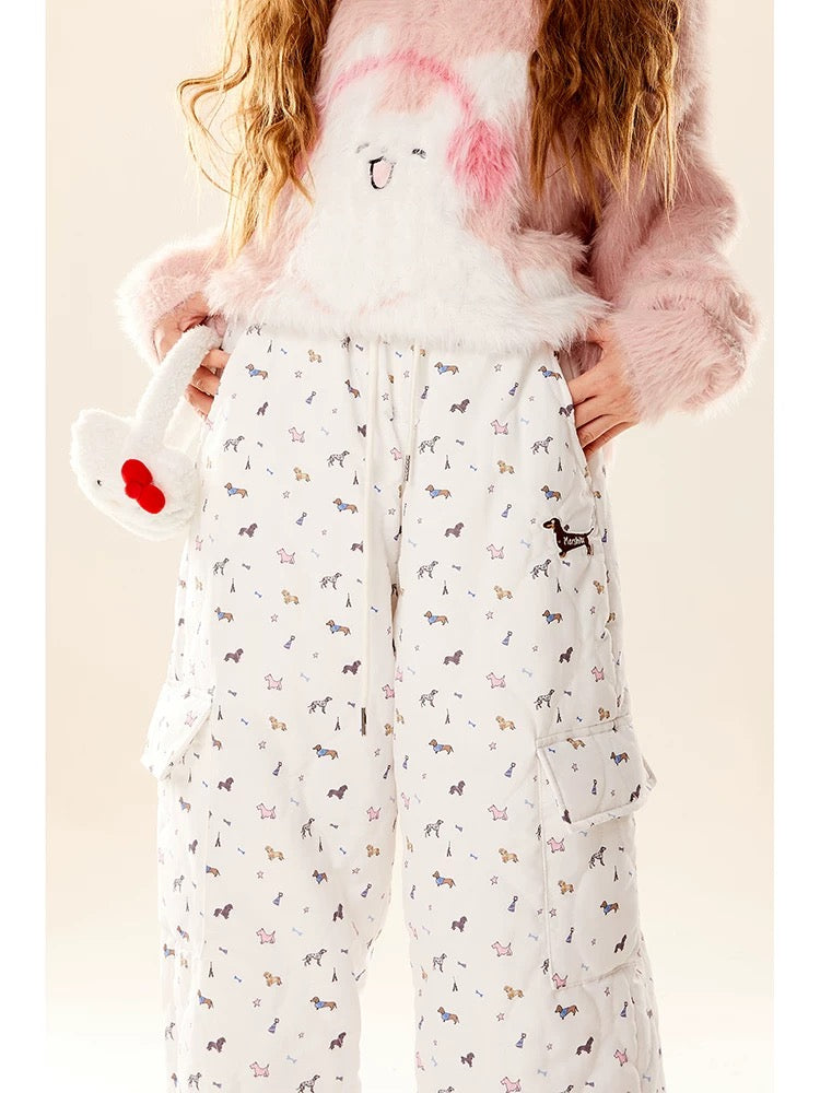 Natural and sweet cartoon puppy print casual pants for women 2024 new autumn and winter plus velvet American retro overalls