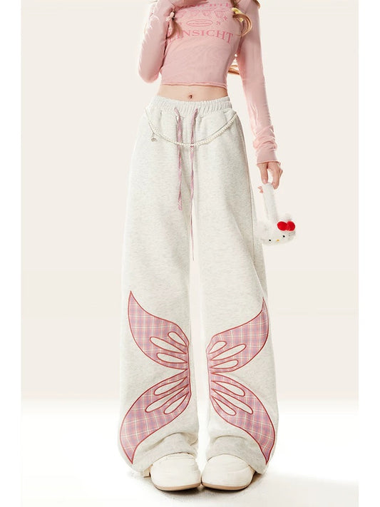 Natural early autumn niche printed gray wide-leg sports pants for women in spring and autumn loose casual lazy style long pants