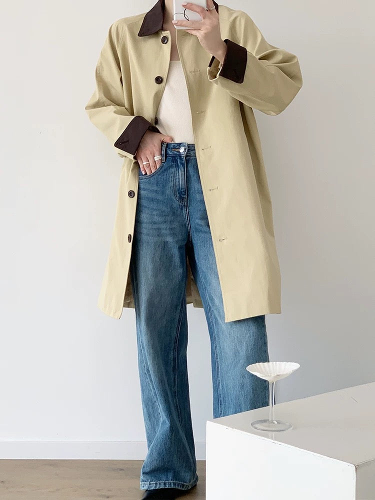 YAHI Khaki Retro Contrast Color Mid-Length Windbreaker Jacket Women 2025 Autumn Design Lapel Jacket Coat