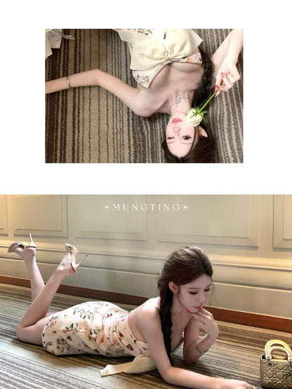 CHAN Chen Mengting "Girlish Heart" — French-style socialite satin floral strapless bow-detail waist-cinching dress