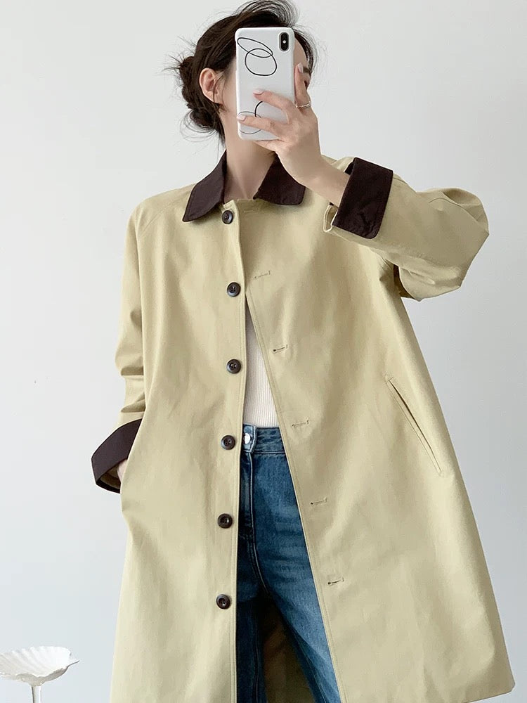 YAHI Khaki Retro Contrast Color Mid-Length Windbreaker Jacket Women 2025 Autumn Design Lapel Jacket Coat