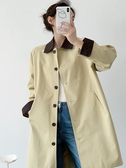 YAHI Khaki Retro Contrast Color Mid-Length Windbreaker Jacket Women 2025 Autumn Design Lapel Jacket Coat
