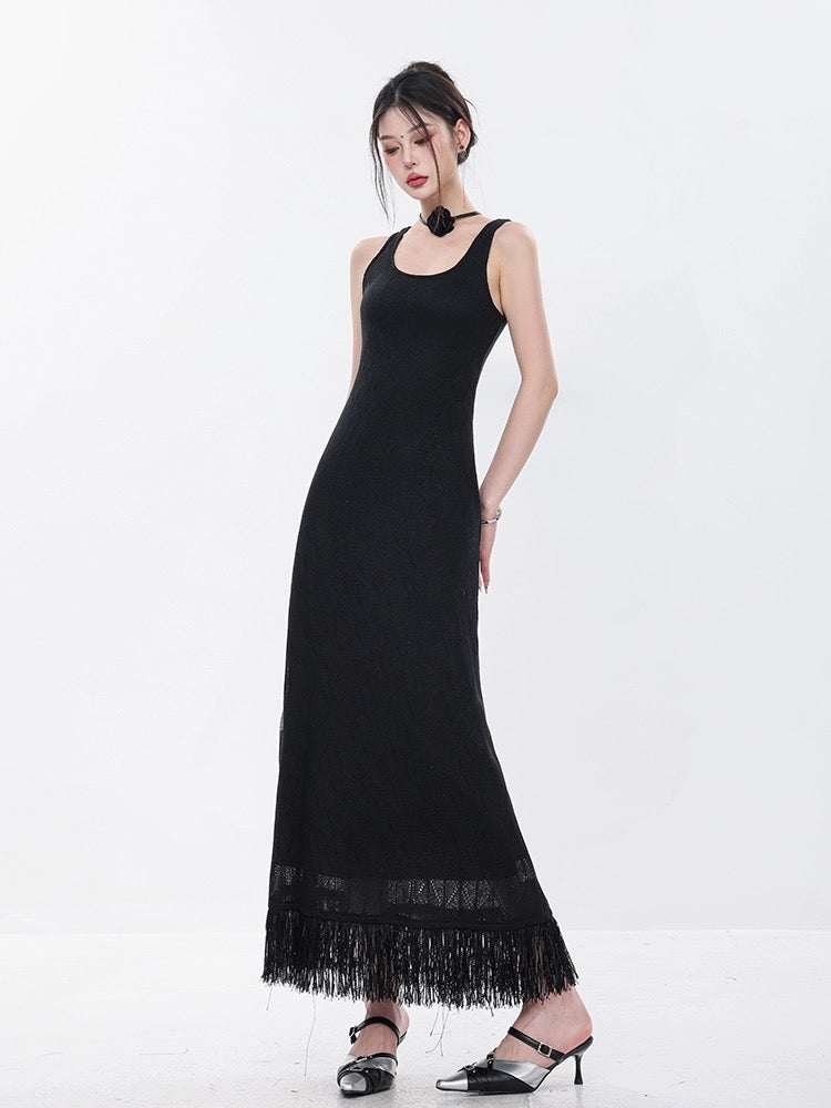 ABWEAR original white knitted suspender dress for women spring and summer new style over-the-knee loose long tassel skirt