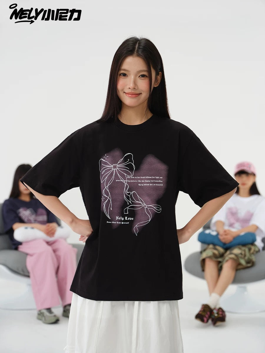 NELY Little Nelly Design Bow Heavy Short-sleeved T-shirt 2025 Summer New American Retro Top Trend