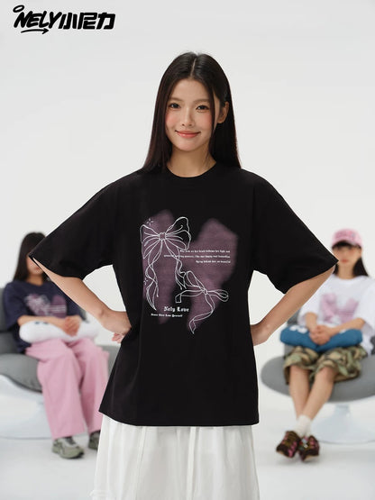NELY Little Nelly Design Bow Heavy Short-sleeved T-shirt 2025 Summer New American Retro Top Trend