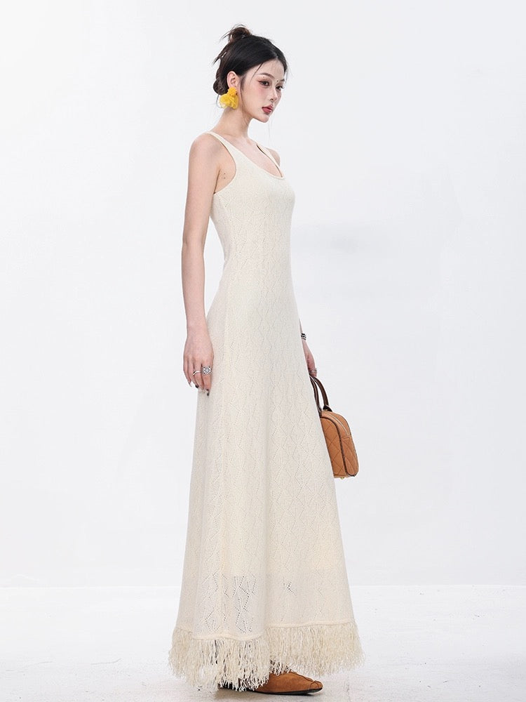 ABWEAR original white knitted suspender dress for women spring and summer new style over-the-knee loose long tassel skirt