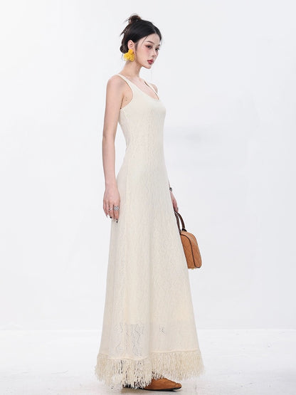 ABWEAR original white knitted suspender dress for women spring and summer new style over-the-knee loose long tassel skirt