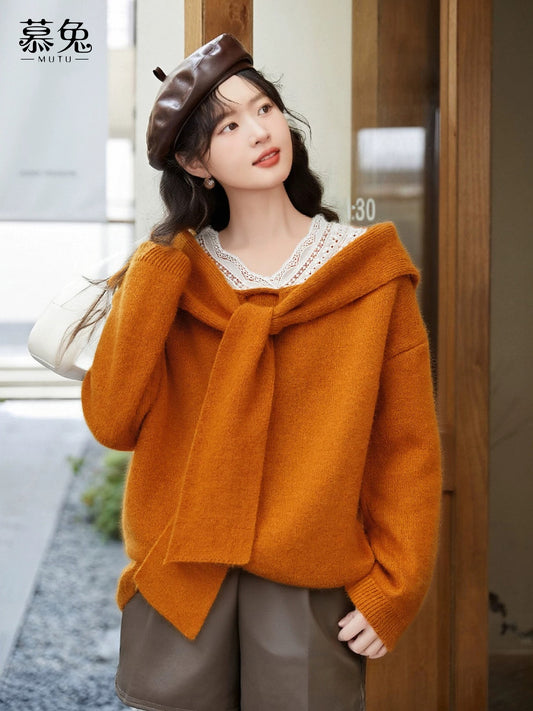 MuTu Lazy Style Lace-up Tie-up Sweater for Women, 2025 Winter New Style, Petite Loose Knit Top
