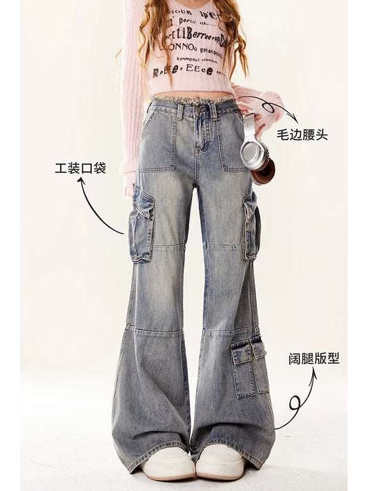 Natural American retro blue high street overalls for women 2024 new autumn and winter high waist multi-pocket wide leg jeans