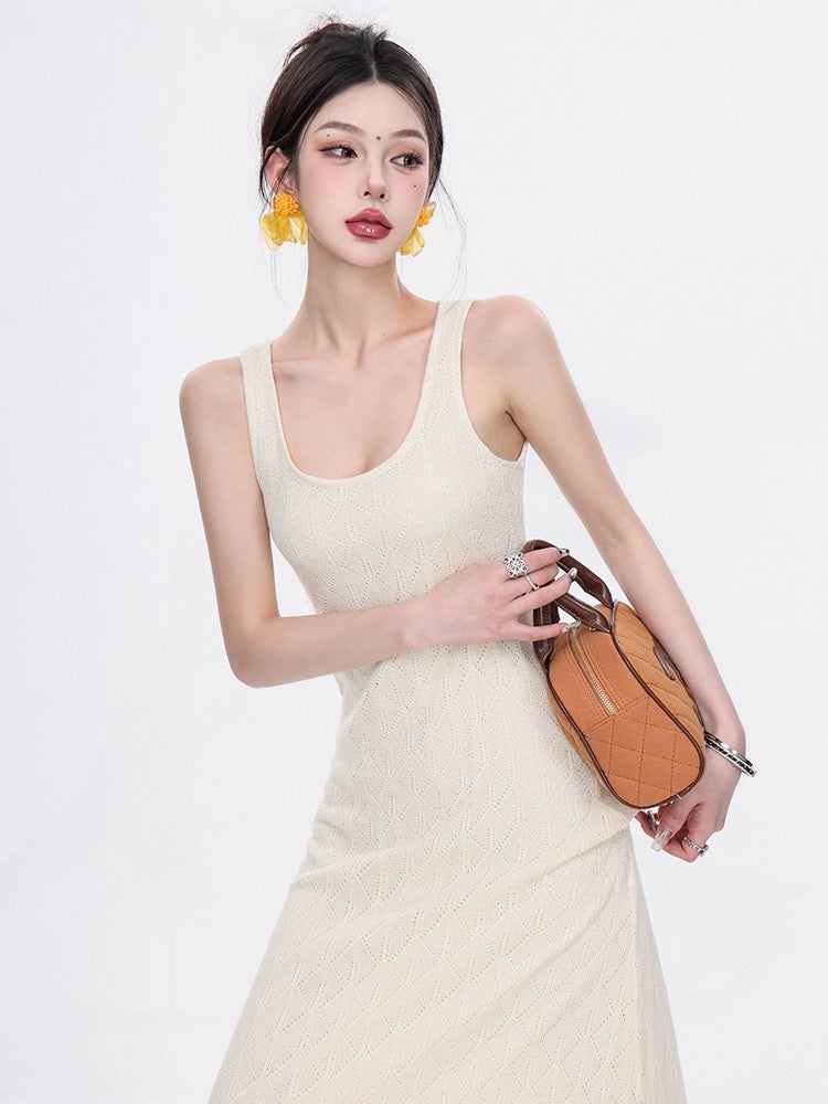 ABWEAR original white knitted suspender dress for women spring and summer new style over-the-knee loose long tassel skirt