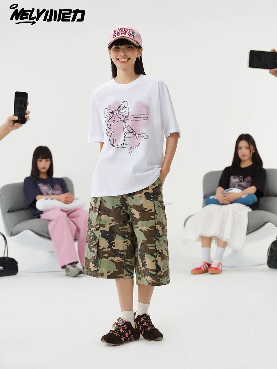 NELY Little Nelly Design Bow Heavy Short-sleeved T-shirt 2025 Summer New American Retro Top Trend